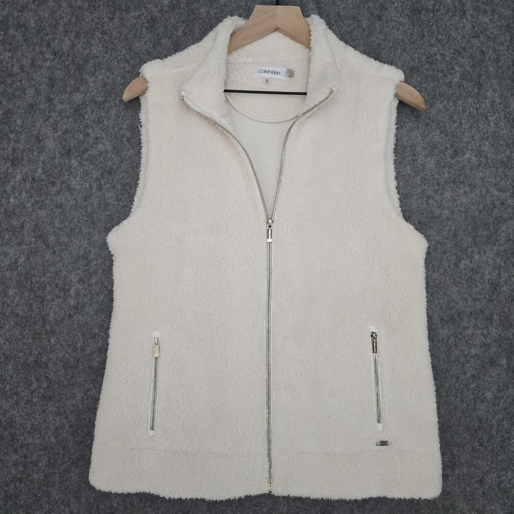 Calvin Klein Vest Womens M White White Sherpa Fleece Zip Pockets Collared‎ Lined
